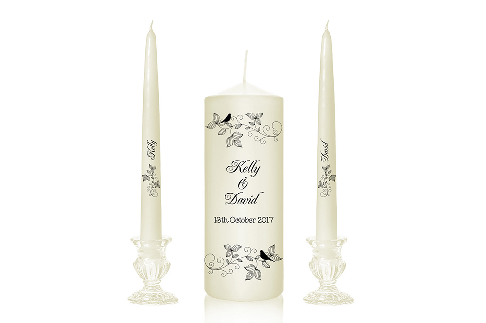 Love Birds Personalized Unity Candle Ceremony White or Ivory Wedding Candles